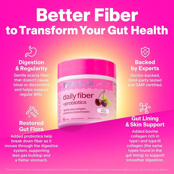 Belli Welli Fiber Supplement for Women&Men, Premium Daily Fiber Powder from Organic Acacia Fiber Added Collagen, Electrolytes&Probiotics, No Bloat, Constipation&Gut Health Support (Cherry Limeade)