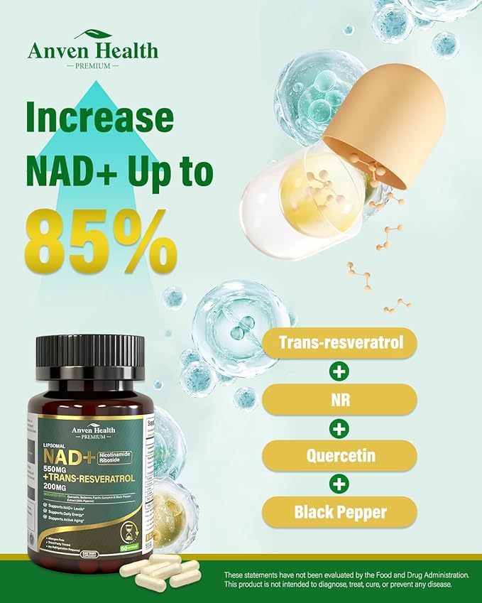 Liposomal NAD+ Resveratrol Supplement - NMN Alternative with Trans-Resveratrol, Quercetin & Fisetin - NAD Plus Booting for Women and Men, Support Cellular Energy & Healthy Aging, Non-GMO | 60 Capsules