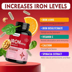 Iron Supplement - Iron 65mg High Absorption Iron Bisglycinate with Vitamin C, Calcium, Gentle Iron Pills for Women Men - Non GMO & Gluten Free, Stomach Friendly, 60 Capsules