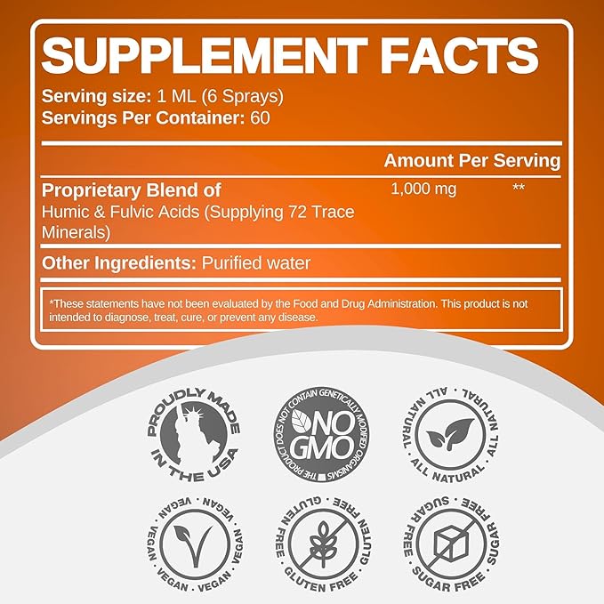 Advanced Fulvic Acid and Humic Acid Trace Mineral Liquid Spray Supplement. 70+ Ionic Organic Vital Minerals & Electrolytes, Similar Benefits of Shilajit & Drops (2 oz - 60 Servings)