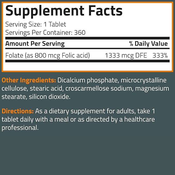Bronson Folic Acid 800 MCG Supports Prenatal Development, Non-GMO, 360 Tablets