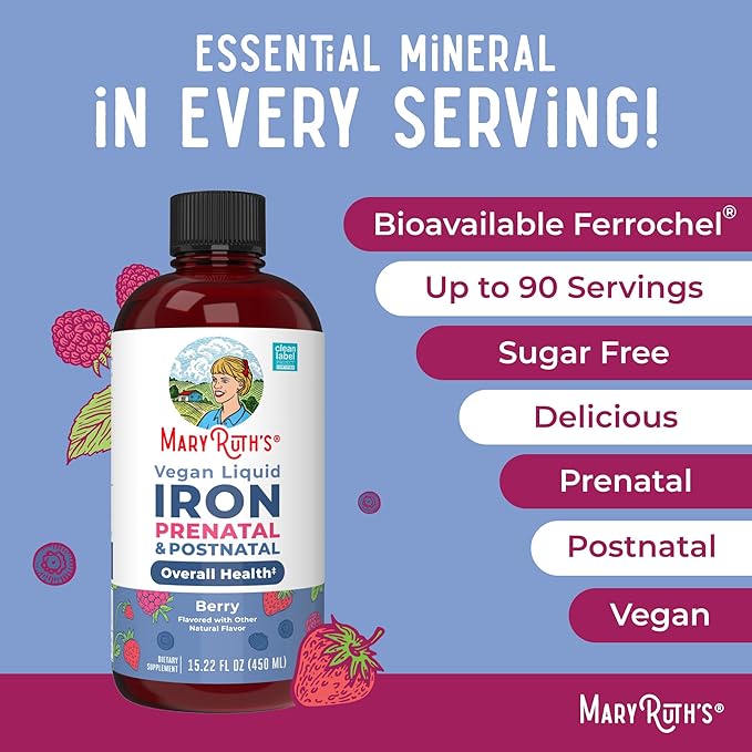 MaryRuth’s Prenatal Postnatal Iron Liquid | Iron Supplement for Prenatal & Postnatal | with Ferrochel | Red Blood Cell Production | Sugar Free | Vegan | Non-GMO | Gluten Free | 15.22 Fl Oz