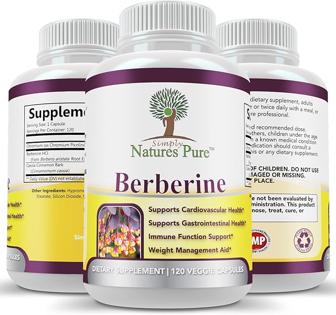 Simply Natures Pure Premium Berberine HCl 500mg - 120 Capsules - Cardiovascular Gastrointestinal Immune Support - Chromium Cinnamon