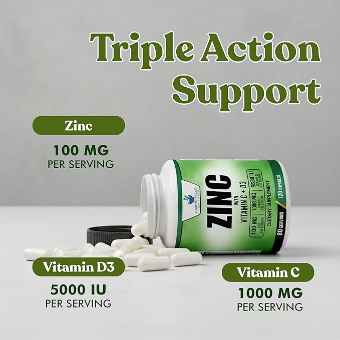 American Standard Supplements Zinc 100mg, Vitamin C 1000mg, and Vitamin D3 5000 IU (125mcg) Per Serving - Gluten Free, Non-GMO, 120 Capsules, 60 Servings