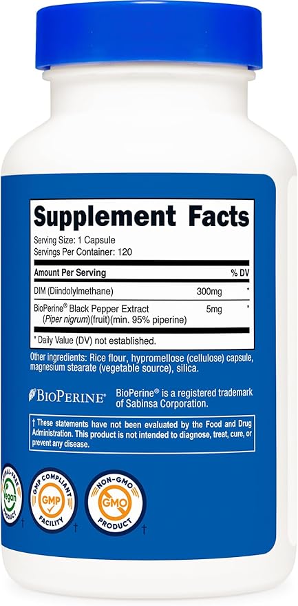 Nutricost DIM (Diindolylmethane) Plus BioPerine 300mg, 120 Vegetarian Capsules - Up to 4 Month Supply, Max Strength DIM Supplement (Pack of 2)