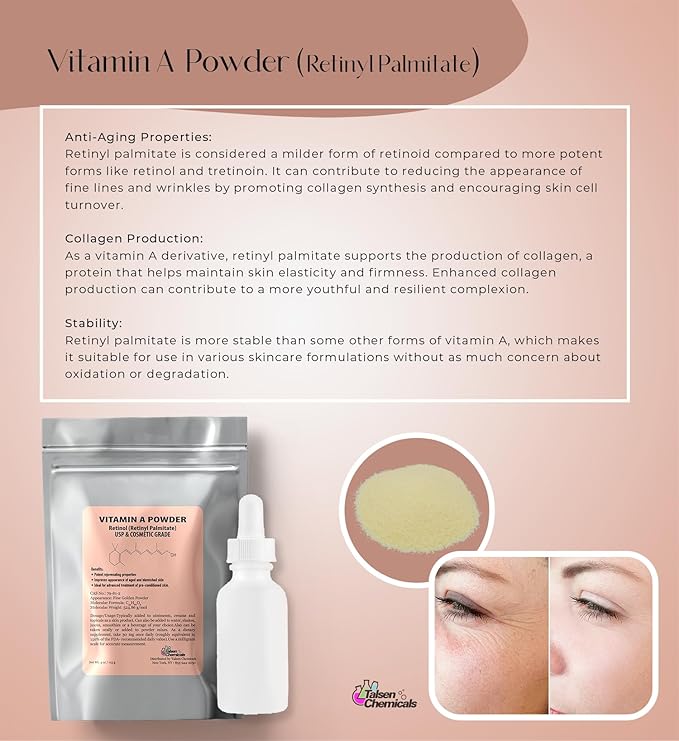 Vitamin A Powder Retinyl Palmitate, Pure Retinol Powdered Vitamin Water Soluble Vitamin A USP & Cosmetic Grade (4 oz. / 113 Grams)