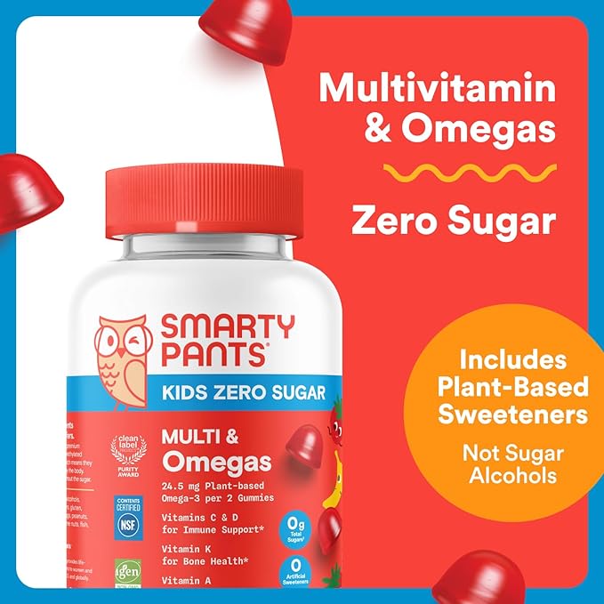 SmartyPants Kids Zero Sugar Multivitamin Gummies: Omega-3, Vitamins D, C, A, Plant-Based, Gluten Free, Strawberry Banana Flavor, 60 Count (30 Day Supply)