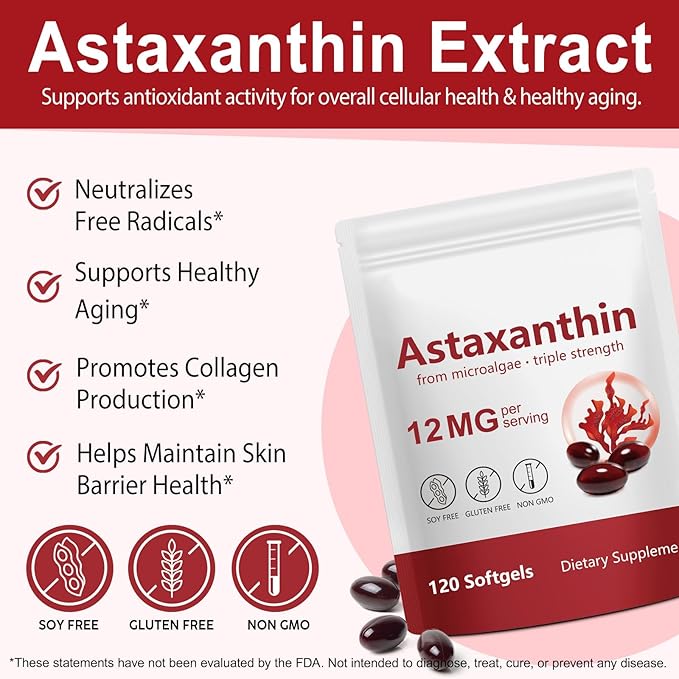 Tiuedu Astaxanthin 12mg, 120 Softgels, 4 Month Supply, Astaxanthin Antioxidant Supplements, Supports Eye, Joint, Internal Circulation, Skin Health- 2Package