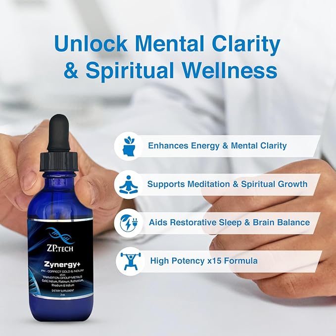 Zynergy Plus Colloidal Gold Liquid | All Natural, Pure Monoatomic 24k Food Grade Mineral Au & Indium | Ormus Gold Oil Supports Pineal Gland, Anti-Aging, Meditation, Yoga, Third Eye