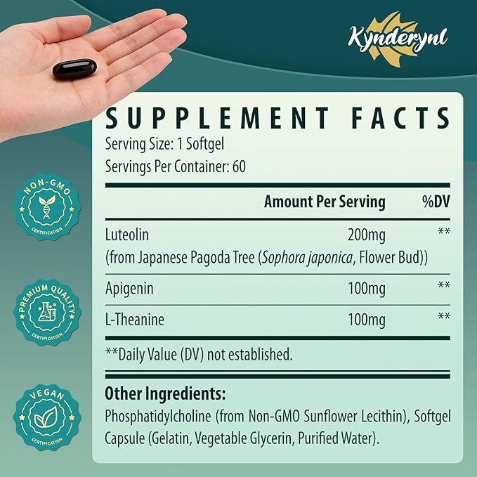 Liposomal Luteolin 200mg – Luteolin Supplement & Brain Supplement for Memory and Focus with Apigenin & L-Theanine – Non-GMO, Gluten-Free, 120 Softgels