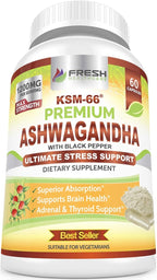 FRESH HEALTHCARE Ashwagandha Capsules KSM-66 1200mg Pure Root Extract with Black Pepper for High Absorption - Potent Ashwagandha Supplement - 60 Vegan Capsules