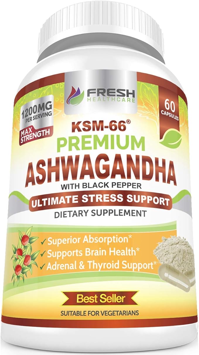 FRESH HEALTHCARE Ashwagandha Capsules KSM-66 1200mg Pure Root Extract with Black Pepper for High Absorption - Potent Ashwagandha Supplement - 60 Vegan Capsules