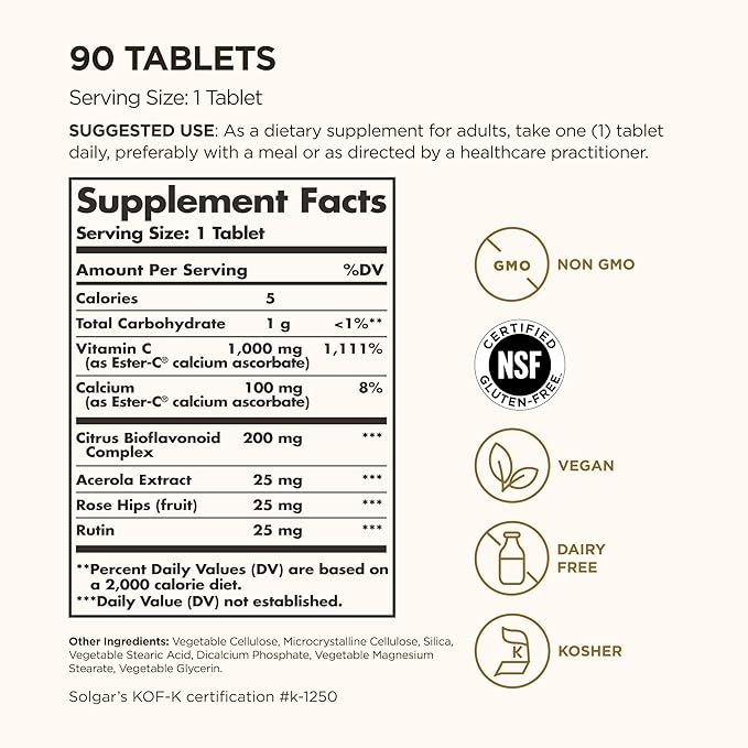 Solgar Ester-C Plus 1000 mg Vitamin C (Ascorbate Complex), 90 Tablets - Gentle On The Stomach & Non Acidic - Antioxidant & Immune System Support - Non GMO, Vegan, Gluten-Free, Kosher - 90 Servings