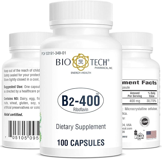 Bio-Tech Pharmacal B2-400, 100 Capsules – All-Natural Supplement – Supports Clarity and Productivity – No Dairy, Fish, Gluten, Peanut, Shellfish, GMOS, & Soy – No Artificial Colors