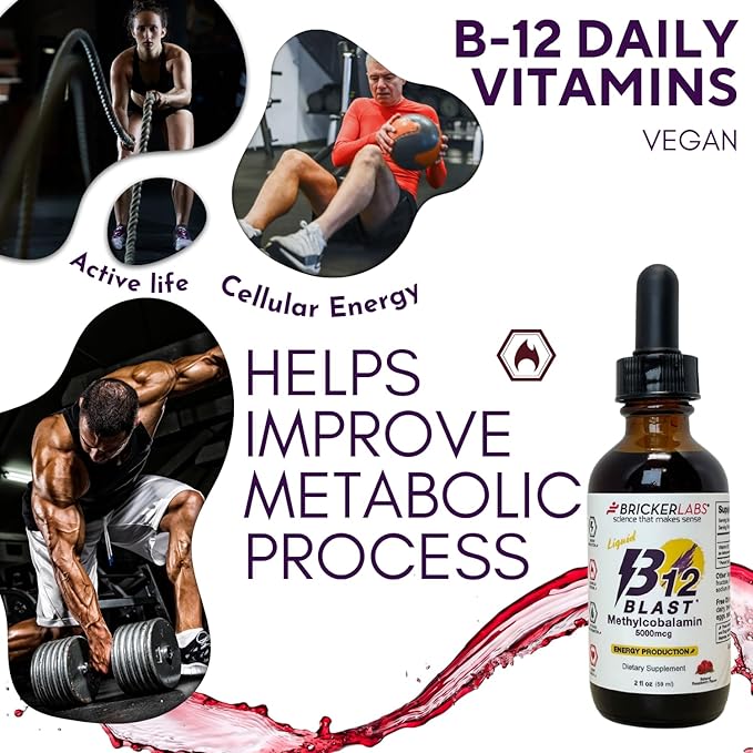 Bricker Labs B12 Blast Methylcobalamin 5000mcg, Great Tasting Sublingual Liquid Energy Vitamins -Vegan B12 Vitamins, Sustained Energy and Cellular Health Supplement - 59-Day Servings