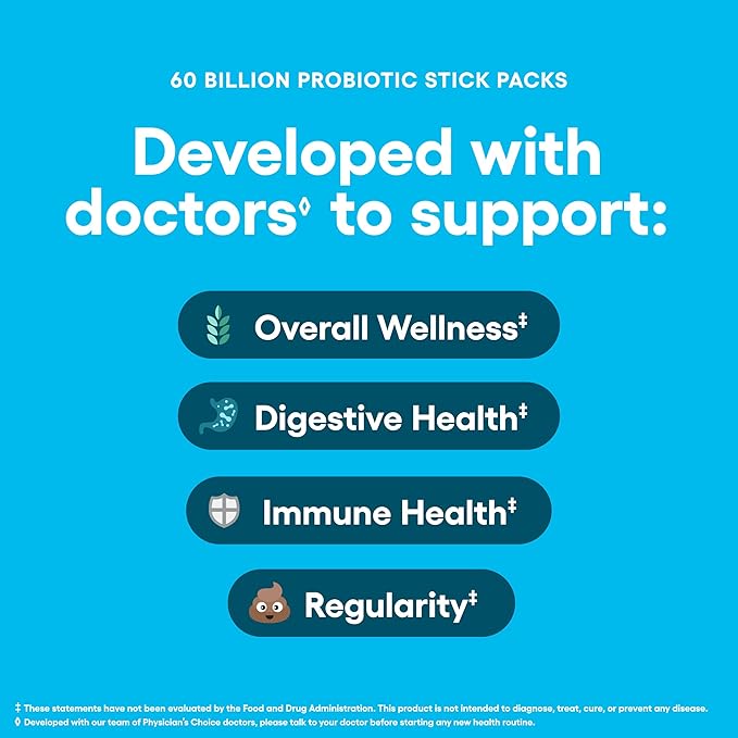 Physician’s Choice 60 Billion CFU Probiotic Stick Packs - 10 Strains + Prebiotics - Immune, Digestive & Gut Health - Supports Occasional Constipation, Diarrhea, Gas & Bloating - for Women & Men - 24CT