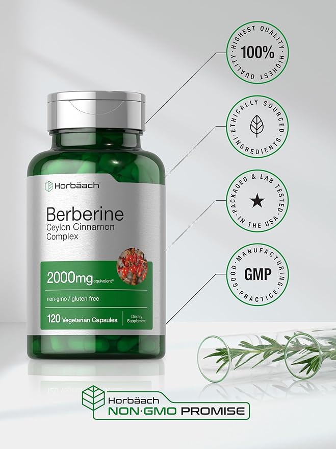 Horbäach Berberine with Ceylon Cinnamon | 120 Veggie Capsules | Vegetarian, Non-GMO & Gluten Free Supplement | Berberine Complex