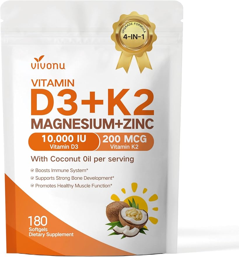 VivoNu Vitamin D3 K2 10,000 IU Magnesium Supplement – 4-in-1 with Vitamin D and K (MK-7), Magnesium Glycinate & Zinc Citrate – 180 Softgels (360 Softgels)