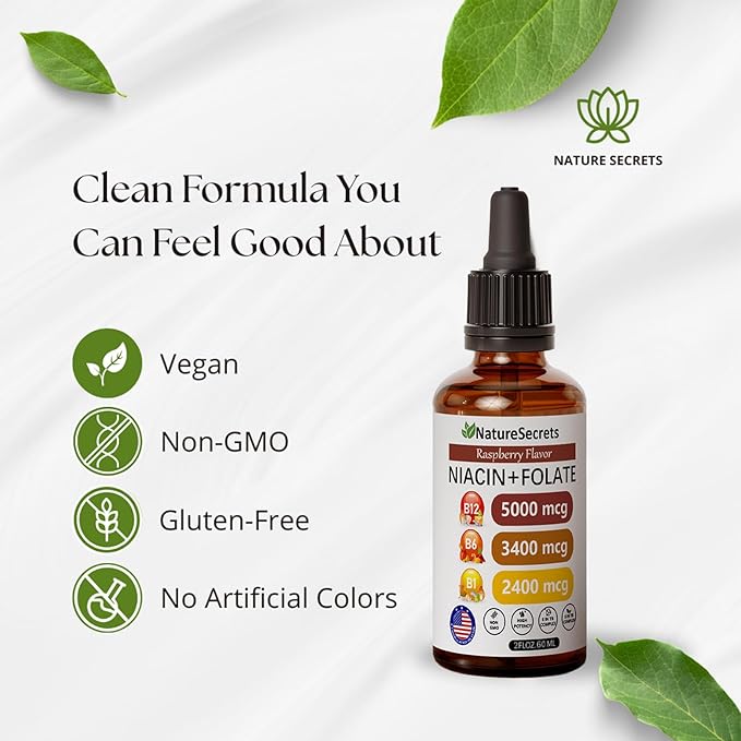 Relify NatureSecrets B12 B6 B1 Liquid Drops - Sublingual B-Complex with B12, B6, B1, Niacin & Folic Acid, Methylcobalamin 5000 Mcg, 27,200 Mcg Total - 2FLOZ (60 ML)(1pc)
