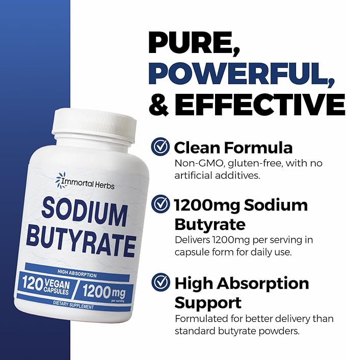 Sodium Butyrate Capsules 1200mg, High Absorption Postbiotic, 120 Count, Standardized Butyric Acid, Vegan, Non-GMO & Gluten-Free Butyrate Supplement for Women and Men