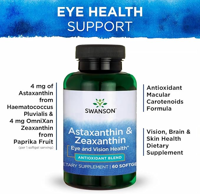 Swanson Astaxanthin & Zeaxanthin Eye Health Supplement for Screen-Heavy Professionals with 4 mg Astaxanthin & 4 mg OmniXan Zeaxanthin (60 Softgels, 4 Pack)