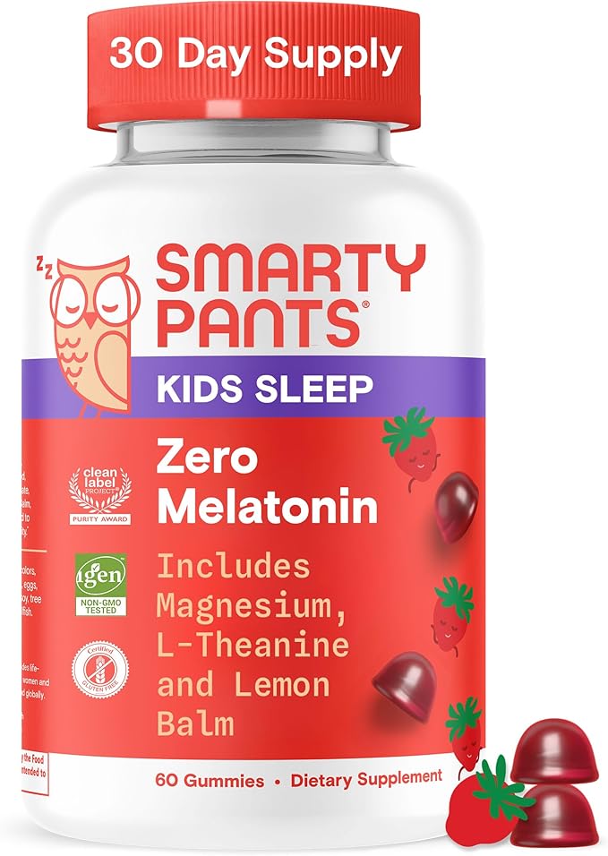 SmartyPants Kids Sleep Gummies Supplement Zero Melatonin: L Theanine, Lemon Balm & Magnesium, Sleep Aid, Strawberry Flavor, 60 Count