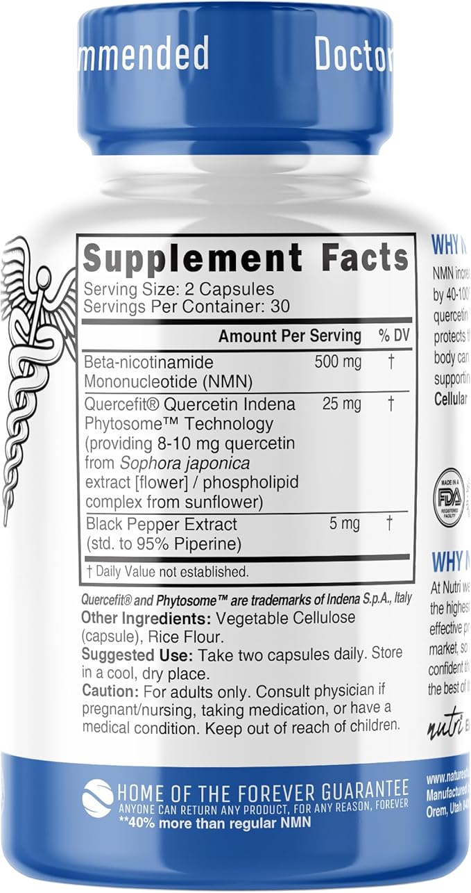 NMN Supplement 500mg NAD Supplement - Nutri Ultra High Absorption Stabilized NMN Nicotinamide Mononucleotide, 40% More NAD+ with Quercetin Phytosome & Black Pepper - mnm supplement (60 Capsules)
