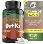 EarthNutri - Vitamin D3 Plus K2 Vitamin Supplement 5000 IU – Includes K2 from MENA Q7, D3 from Vitashine, Calcium from Aquamin & 72 Trace Minerals – for Immune, Bone & Heart Health - Non-GMO