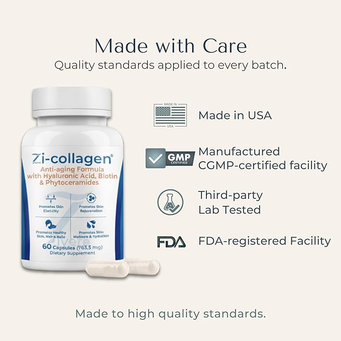Zi-Collagen Marine Collagen Capsules for Skin, Hair & Nails – Collagen Supplement with Phytoceramides, Hyaluronic Acid, Biotin & Vitamins A C D3 E – 60 Capsules