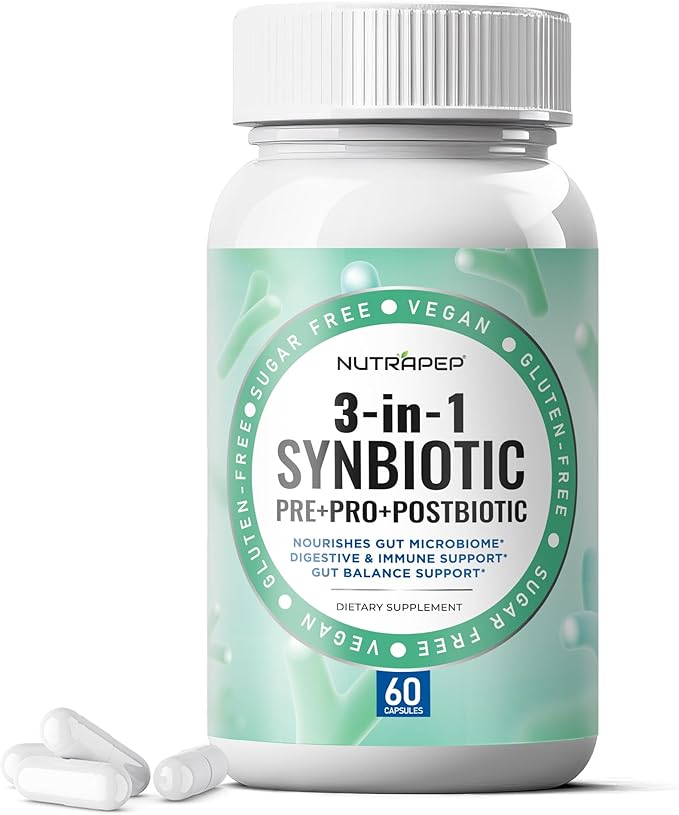 NutraPep Synbiotics Probiotic Prebiotic Postbiotic - Daily Gut Health Support with Pre Pro & Post Biotics for Men Women - Digestive & Immune Support Balance Synbiotic Supplement - Vegan Gluten Free