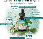 NMN Supplement Liquid Drops,4-in-1 NMN Beta 1000mg w. Quercetin TMG Resveratrol for Anti Aging Energy & Immune Support, NMNH Alternative Liposomal High Absorption for Women Men