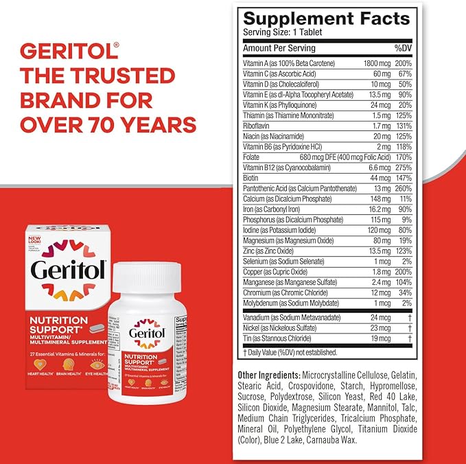 Geritol, Multivitamin Supplement, Contains B-Vitamins, Antioxidants, Vitamins C, E & D and Iron, 27 Essential Vitamins and Minerals, Gluten-Free, Non-GMO, No Artificial Sweeteners, 100 Tablets, 2 Pack
