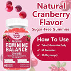 Feminine Probiotics Gummies, Vaginal Health & Women's pH Balance Gummy Supplement with Cranberry Pineapple Powder, Sugar Free Vegan, 60 Count (Cranberry)