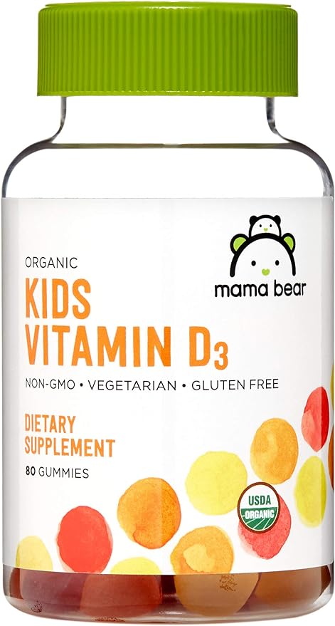 Amazon Brand - Mama Bear Organic Kids Vitamin D3 25 mcg (1000 IU) Gummies per serving, Bone and Immune Health, Strawberry, 80 Count
