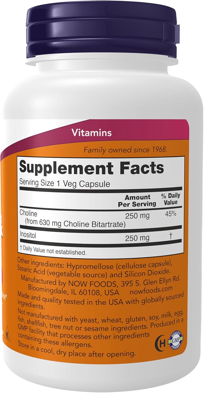NOW Foods Supplements, Choline & Inositol 500 mg, Healthy Nerve Transmission*, Nervous System Health*, 100 Capsules