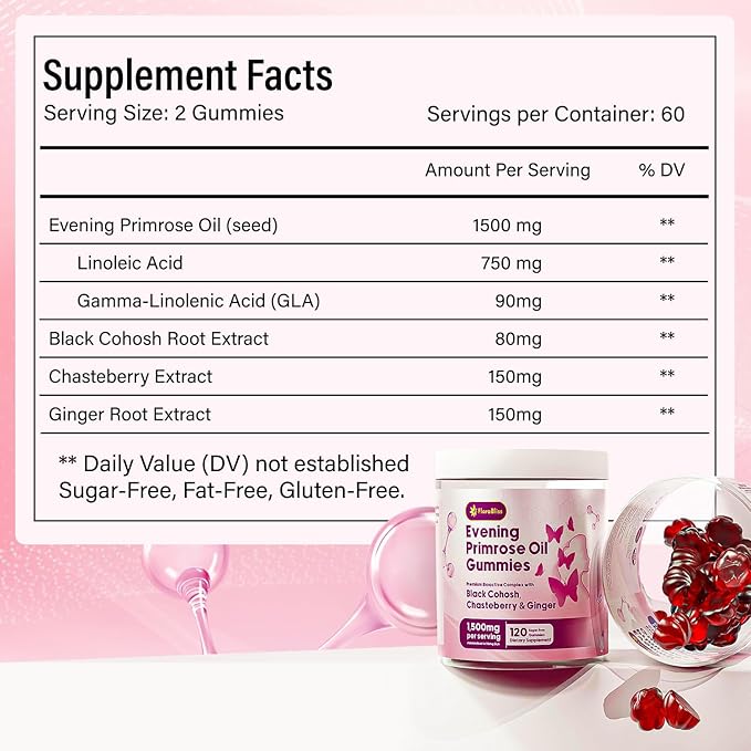 FloraBliss 120 Evening Primrose Oil Gummies | 1500mg | with Black Cohosh, Chasteberry, Ginger Extract for Daily Women's Wellness Support | Vegan, Non-GMO, Sugar-Free