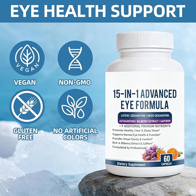 15 in 1 Advanced Eye Formula - Eye Vitamin and Mineral Supplement with Lutein, Zeaxanthin, Zinc & Bilberry Extract - Vision & Focus Support, 60 Capsules