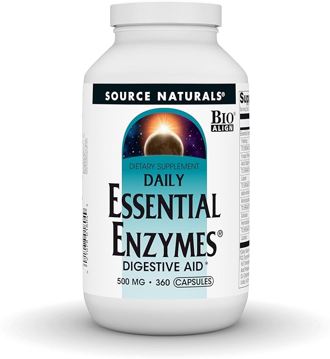 Source Naturals Essential Enzymes 500mg, Bio-Aligned Multiple Enzyme Supplement Herbal Defense for Digestion, Gas, Constipation & Bloating Relief - Digestive Aid* - 360 Capsules, 360 Servings