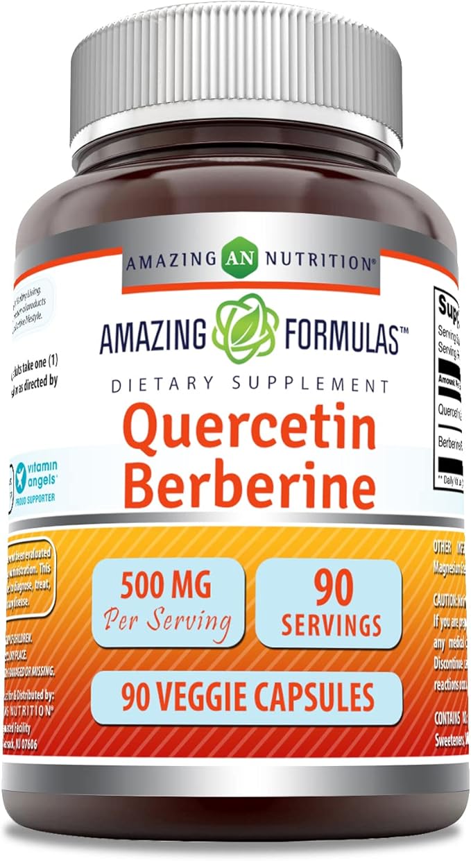 Amazing Formulas Quercetin 250 Mg & Berberine 250 Mg | Veggie Capsules Supplement | Non-GMO | Gluten-Free | Made in USA (1 Pack | 90 Count)