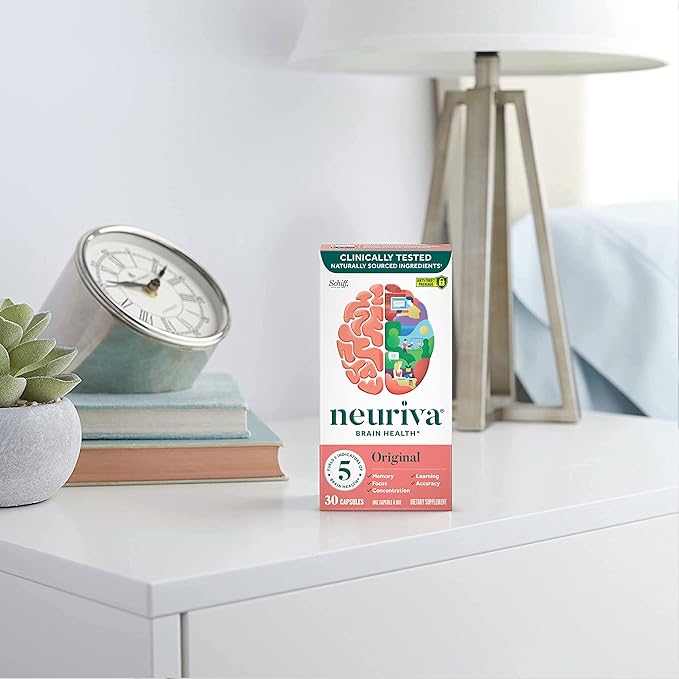 NEURIVA Original Brain Supplement for Memory, Focus & Concentration + Learning & Accuracy with Clinically Tested Nootropics Phosphatidylserine and Neurofactor, Caffeine Free, 30ct Capsules