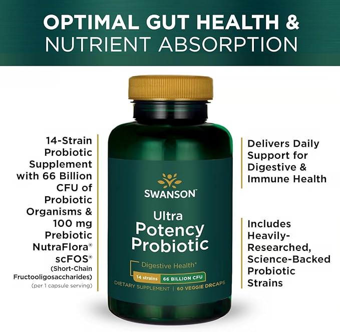Swanson Ultra Potency Probiotic Digestive Health Immune System Support 66 Billion CFU Prebiotic NutraFlora scFOS 60 DRcaps Veggie Capsules (Caps) (2 Pack)