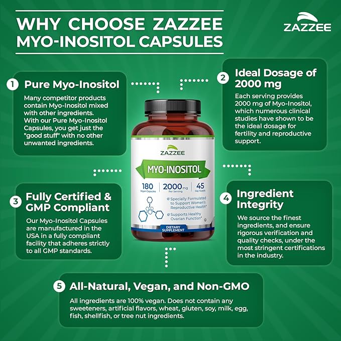 Zazzee Myo-Inositol Capsules, 2000 mg per Serving, 180 Vegan Capsules, Ideal Dosage for 40:1 Ratio, Certified Kosher, Hormone Balance & Healthy Ovarian Function Support, Non-GMO, Made in the USA