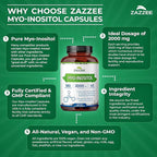 Zazzee Myo-Inositol Capsules, 2000 mg per Serving, 180 Vegan Capsules, Ideal Dosage for 40:1 Ratio, Certified Kosher, Hormone Balance & Healthy Ovarian Function Support, Non-GMO, Made in the USA