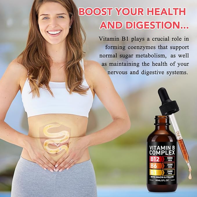 Organic Vitamin B Complex Drops for Men & Women | Vitamin B12 Methylcobalamin, B6, B1, B9 for Metabolic Health Support | Immune Support, Non-GMO, Gluten Free - 2 Month Supply 60ML