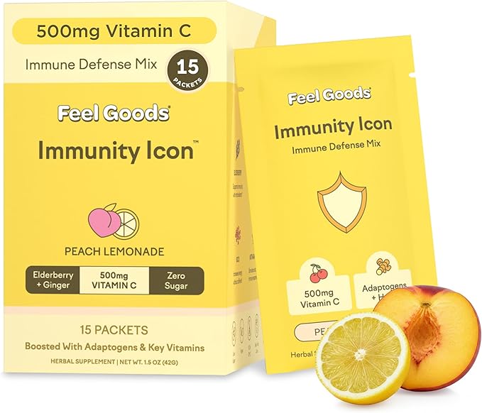 Feel Goods Immunity Icon, Vitamin C Immune Support Powder Packets - 500mg Vitamin C, Elderberry, Ginger, Turmeric & Key Vitamins for Daily Immune Health - Sugar-Free & Caffeine-Free Drink Mix Packets