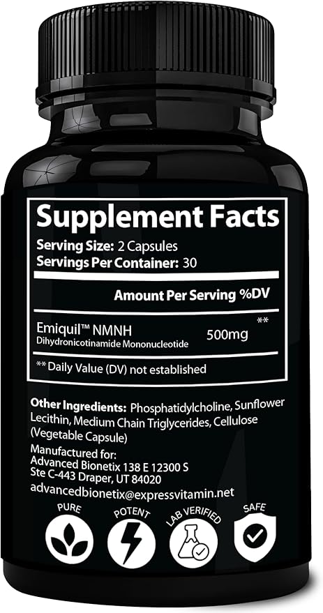 Advanced Bionetix Liposomal NMNH 500mg Per Serving -NMN Supplement Alternative- 60 Capsules (Dihydronicotinamide Mononucleotide) NAD Supplement to Boost NAD+ Levels for Anti Aging (60)