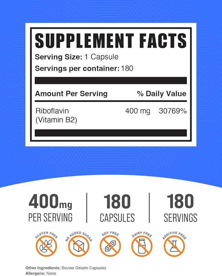 BulkSupplements.com Riboflavin Capsules - Vitamin B2 400 mg, Riboflavin 400mg - Essential B Vitamin, Gluten Free, 1 Capsule per Serving, 180 Capsules (Pack of 2)