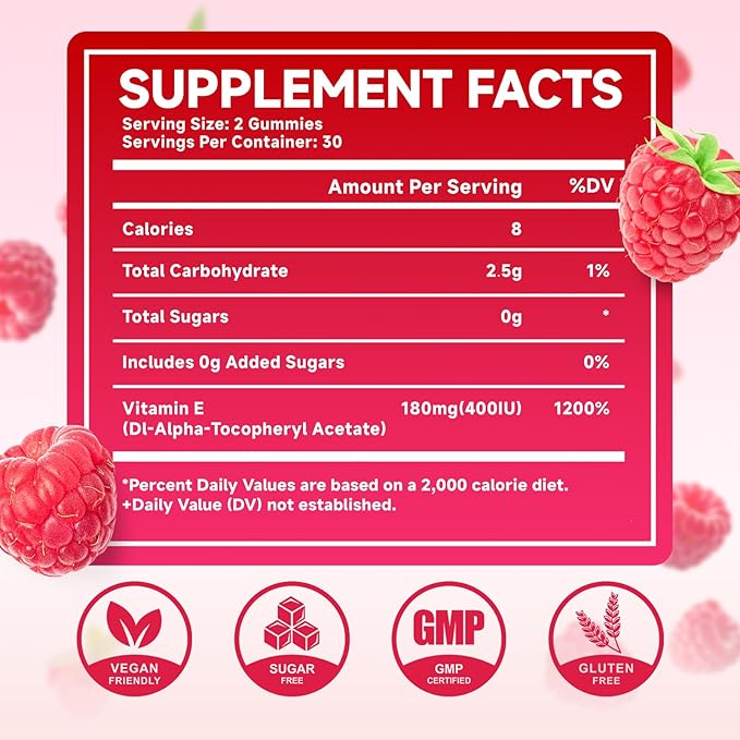 MEENCCD Vitamin E Gummies, 180 mg (400 IU) dl-Alpha, Daily Skin Support, Sugar-Free, Vegan, Non-GMO, Raspberry Flavor, 60 Count