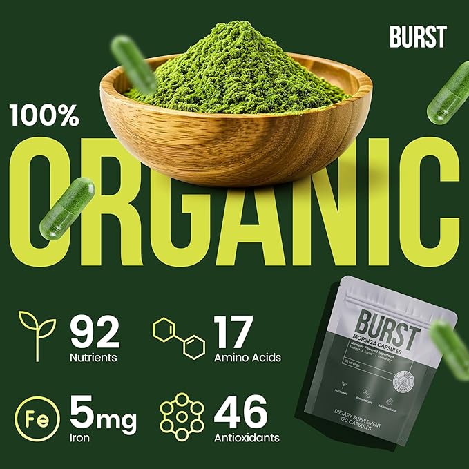 Burst 100% Organic Moringa Capsules – Supports Energy, Immunity, & Vitality | Pure Moringa Oleifera Supplement | Rich in Vitamins, Protein, & Antioxidants | Vegan, Non-GMO - 120 Capsules