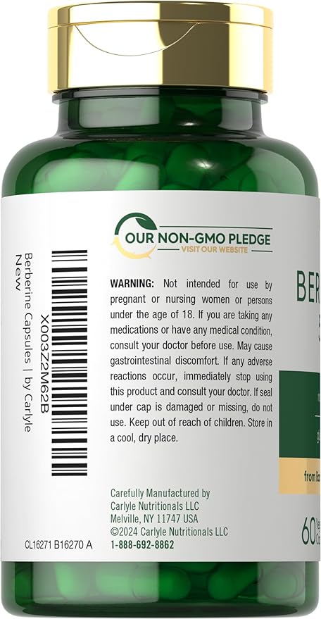 Carlyle Berberine HCL Supplement | 500,000mcg | 60 Capsules | Vegetarian, Non-GMO, Gluten Free